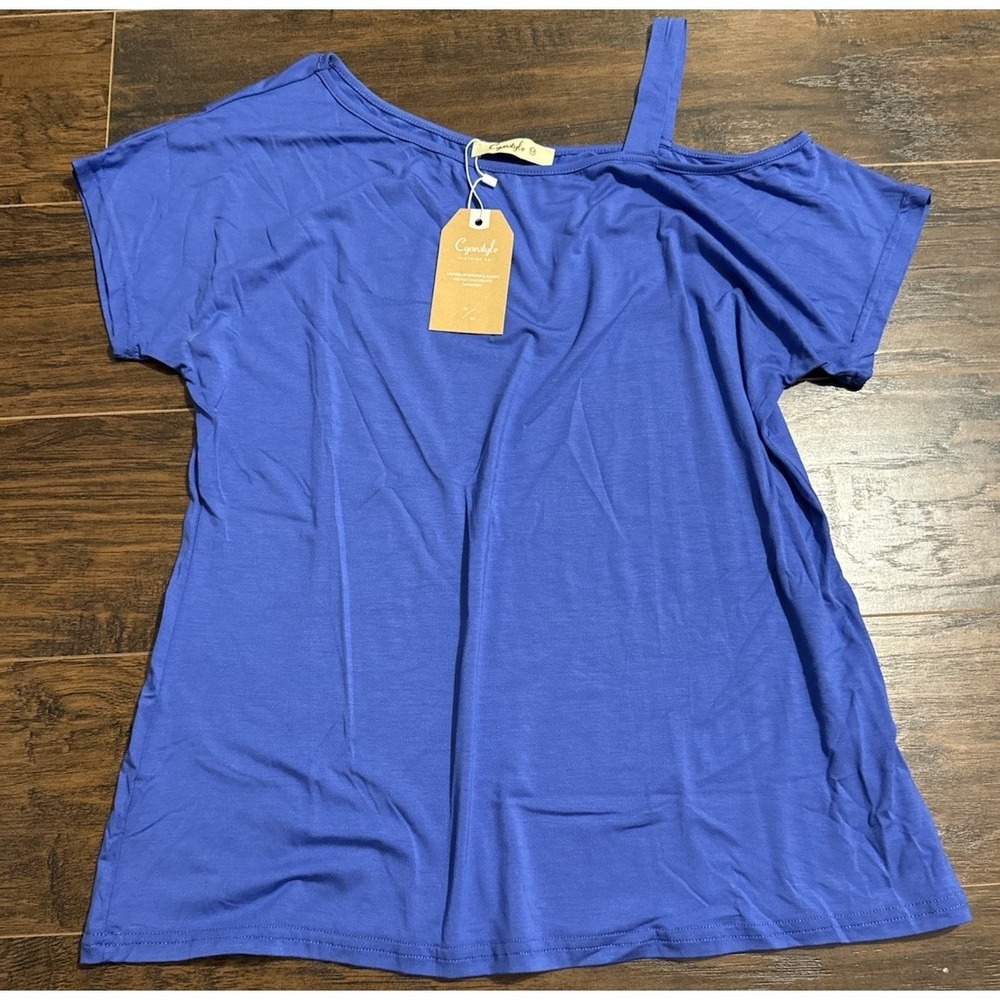 Cyanstyle Blue One Shoulder Top Womens Medium Asymmetrical Casual Chic Blouse